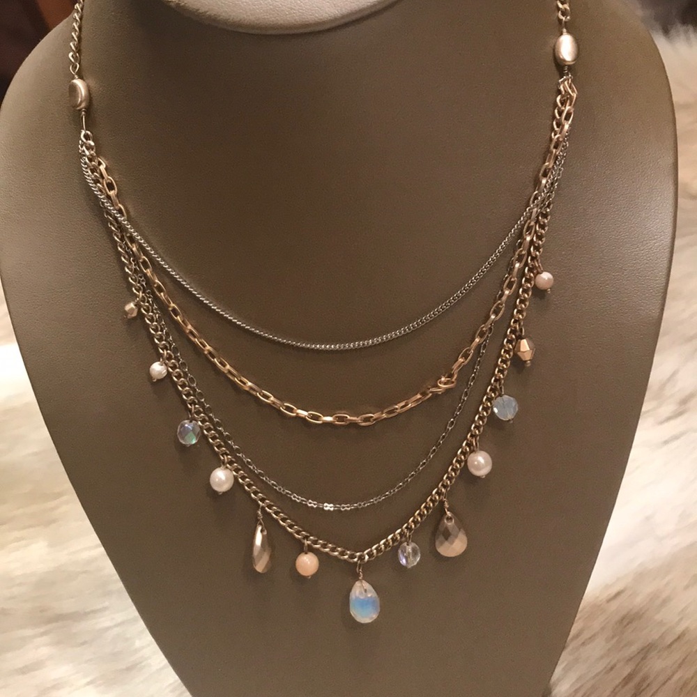 Express Gold Tone Layered 3 Tier Stone Charm Necklace NWOT